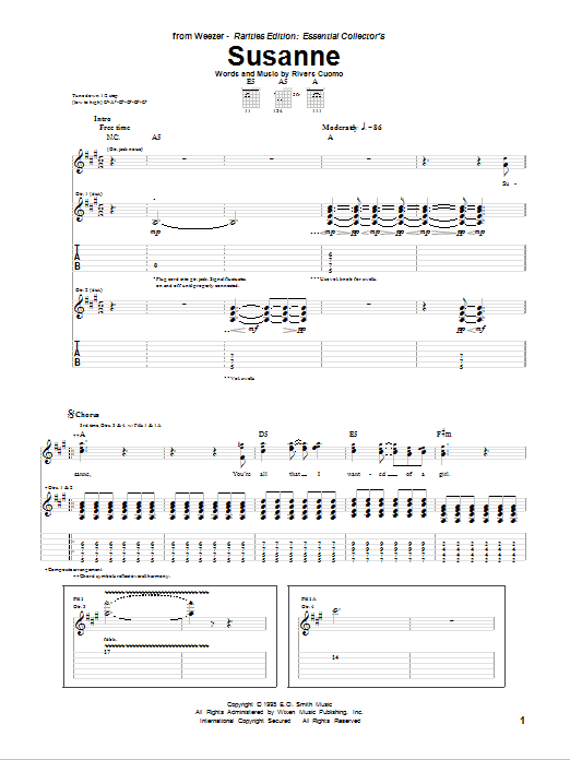 Download Weezer Susanne Sheet Music and learn how to play Guitar Tab PDF digital score in minutes