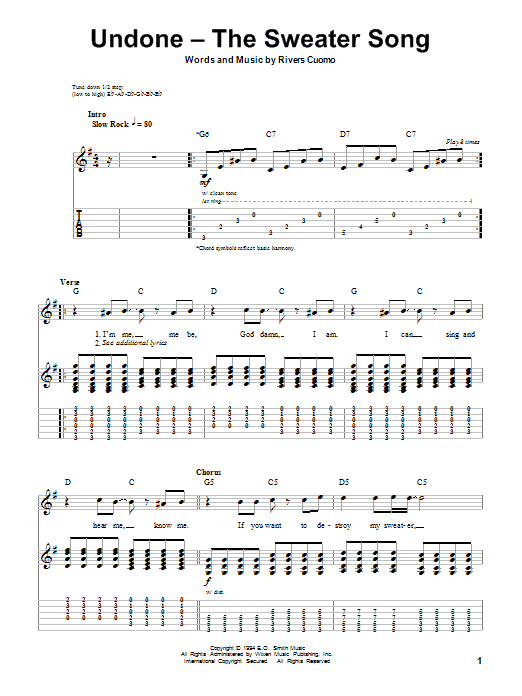Download Weezer Undone - The Sweater Song Sheet Music and learn how to play Piano, Vocal & Guitar Chords (Right-Hand Melody) PDF digital score in minutes