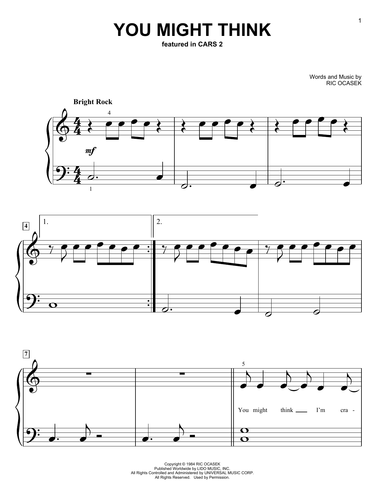 Download Weezer You Might Think (from Cars 2) Sheet Music and learn how to play Big Note Piano PDF digital score in minutes