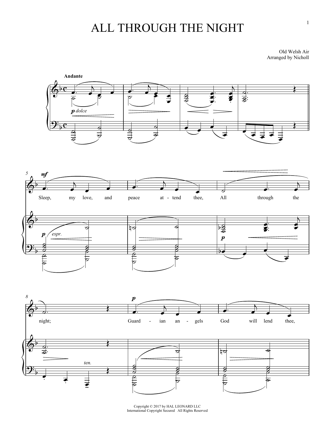 Download Welsh Folksong All Through The Night Sheet Music and learn how to play Piano & Vocal PDF digital score in minutes