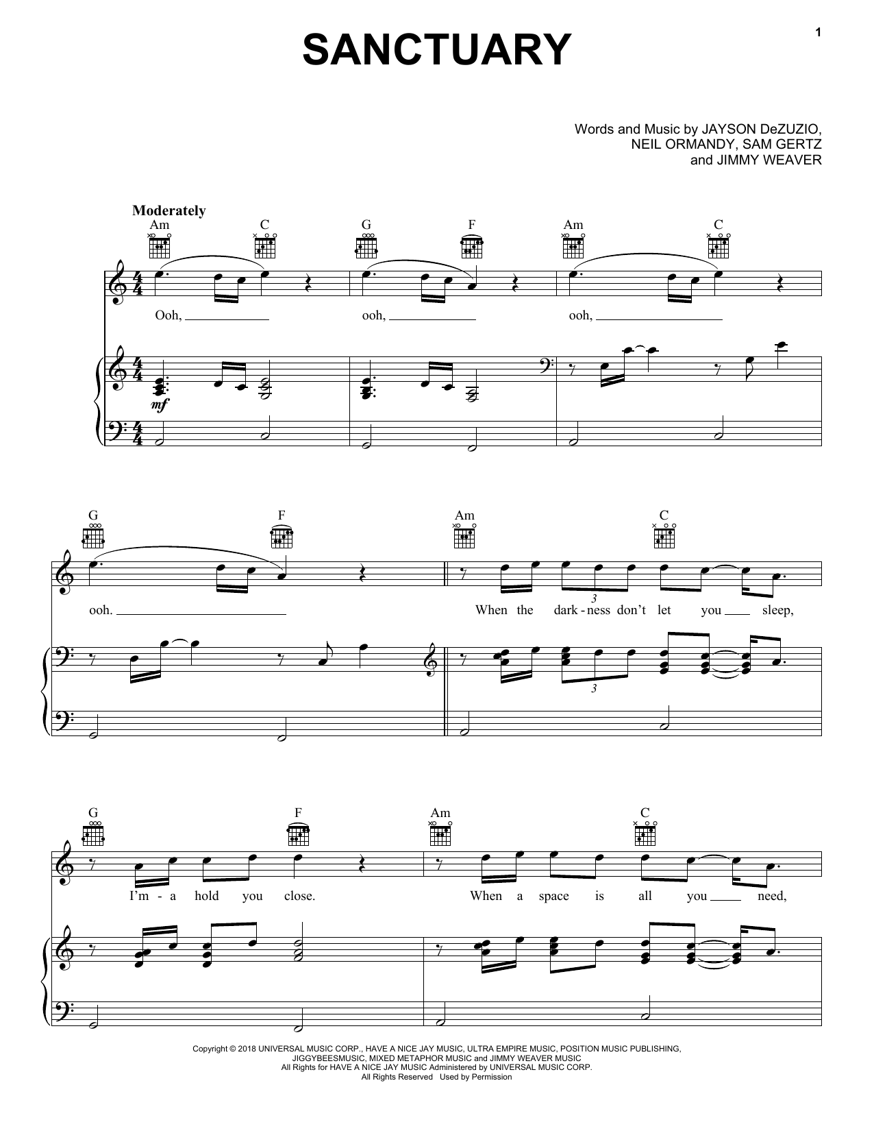 Download Welshly Arms Sanctuary Sheet Music and learn how to play Piano, Vocal & Guitar Chords (Right-Hand Melody) PDF digital score in minutes