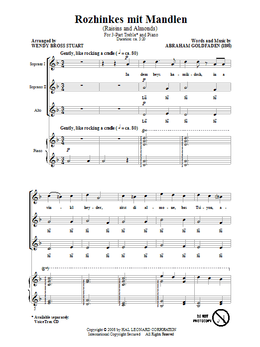 Download Wendy Bross Stuart Rozhinkes Mit Mandlen (Raisins And Almonds) Sheet Music and learn how to play 3-Part Treble Choir PDF digital score in minutes