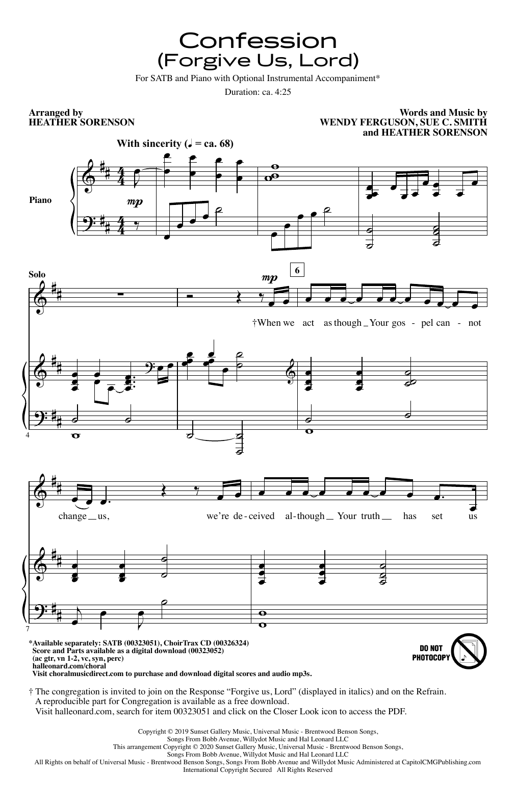 Download Wendy Ferguson, Sue C. Smith and Heather Sorenson Confession (Forgive Us, Lord) (arr. Heather Sorenson) Sheet Music and learn how to play SATB Choir PDF digital score in minutes