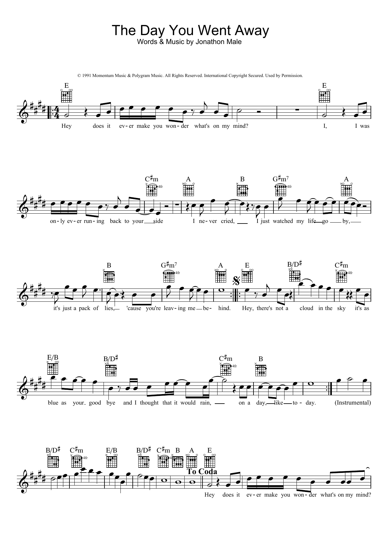 Download Wendy Matthews The Day You Went Away Sheet Music and learn how to play Easy Piano PDF digital score in minutes