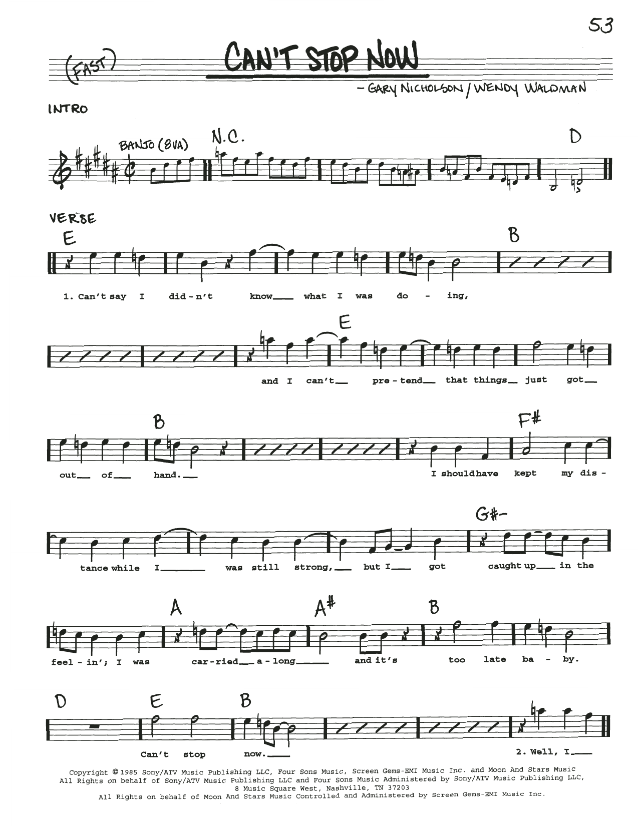 Download Wendy Waldman Can't Stop Now Sheet Music and learn how to play Real Book – Melody, Lyrics & Chords PDF digital score in minutes