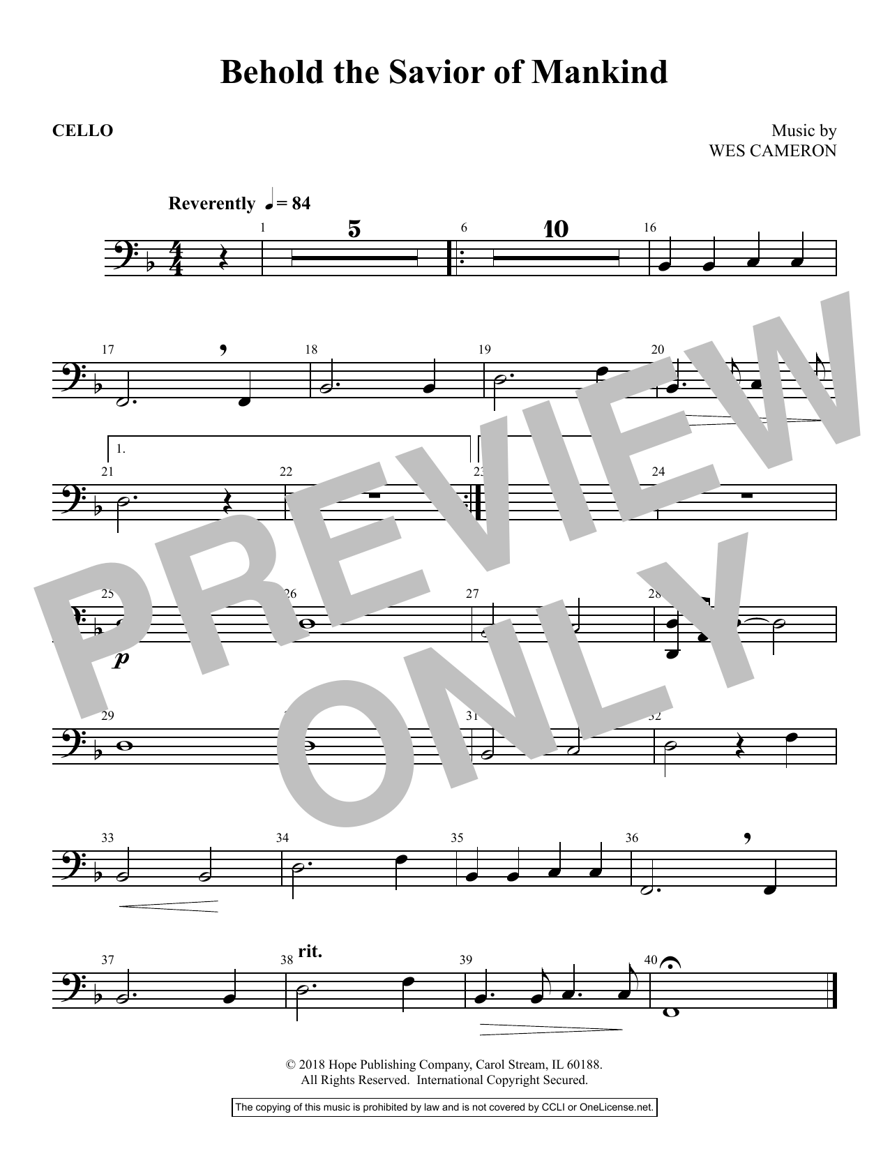 Download Wes Cameron Behold the Savior of Mankind - Cello Sheet Music and learn how to play Choir Instrumental Pak PDF digital score in minutes