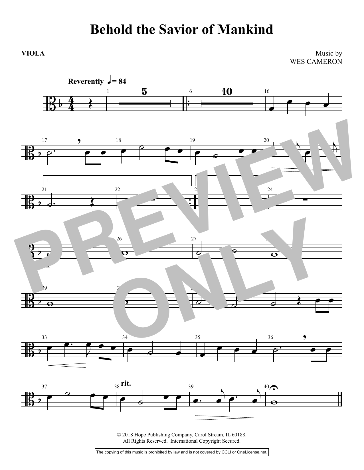 Download Wes Cameron Behold the Savior of Mankind - Viola Sheet Music and learn how to play Choir Instrumental Pak PDF digital score in minutes