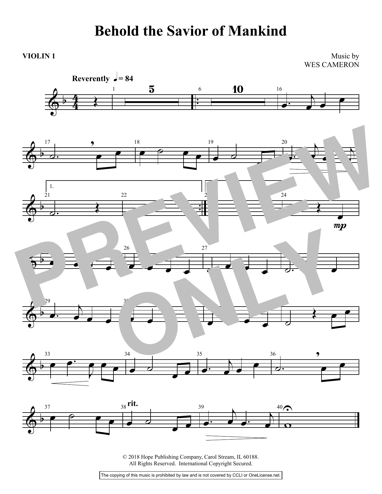 Download Wes Cameron Behold the Savior of Mankind - Violin 1 Sheet Music and learn how to play Choir Instrumental Pak PDF digital score in minutes
