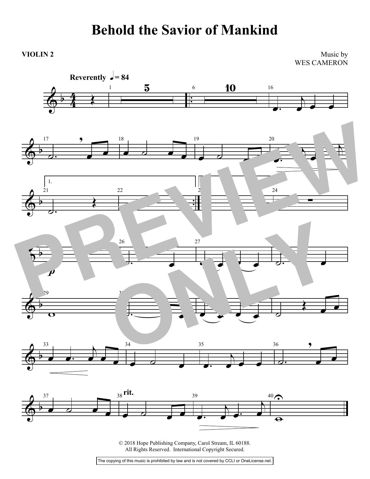 Download Wes Cameron Behold the Savior of Mankind - Violin 2 Sheet Music and learn how to play Choir Instrumental Pak PDF digital score in minutes