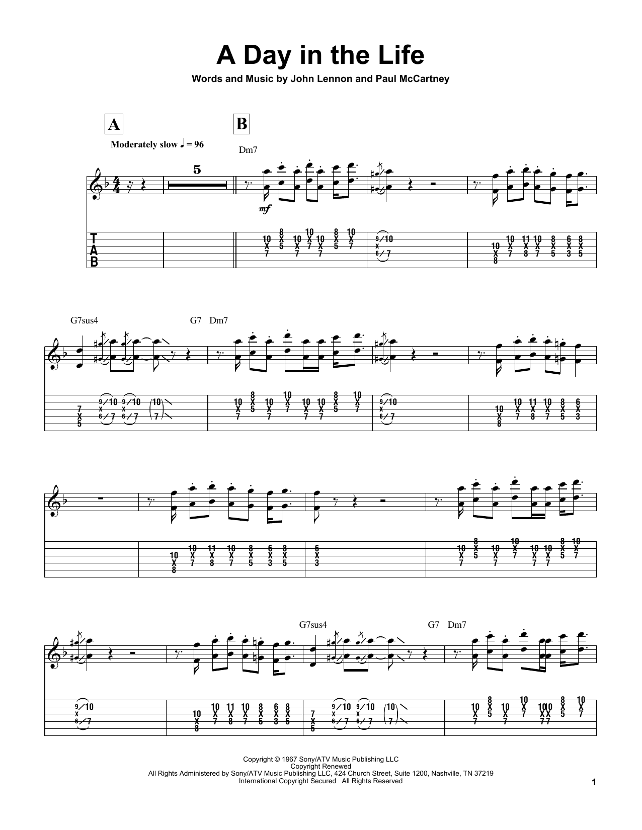 Download The Beatles A Day In The Life Sheet Music and learn how to play Guitar Tab PDF digital score in minutes