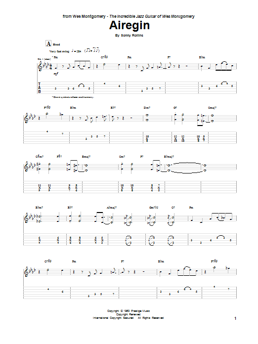 Download Wes Montgomery Airegin Sheet Music and learn how to play Electric Guitar Transcription PDF digital score in minutes