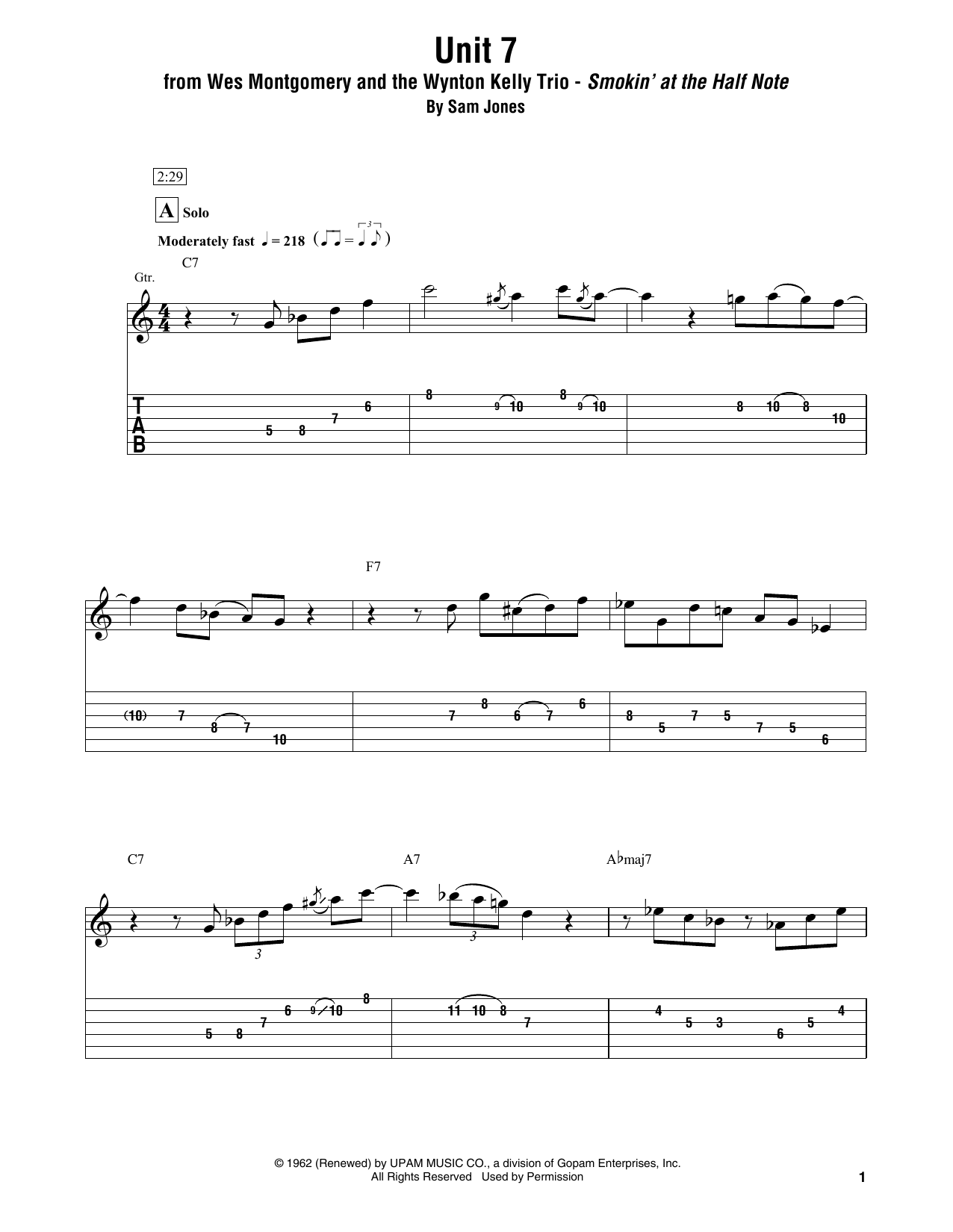 Download Wes Montgomery and the Wynton Kelly Trio Unit 7 Sheet Music and learn how to play Electric Guitar Transcription PDF digital score in minutes