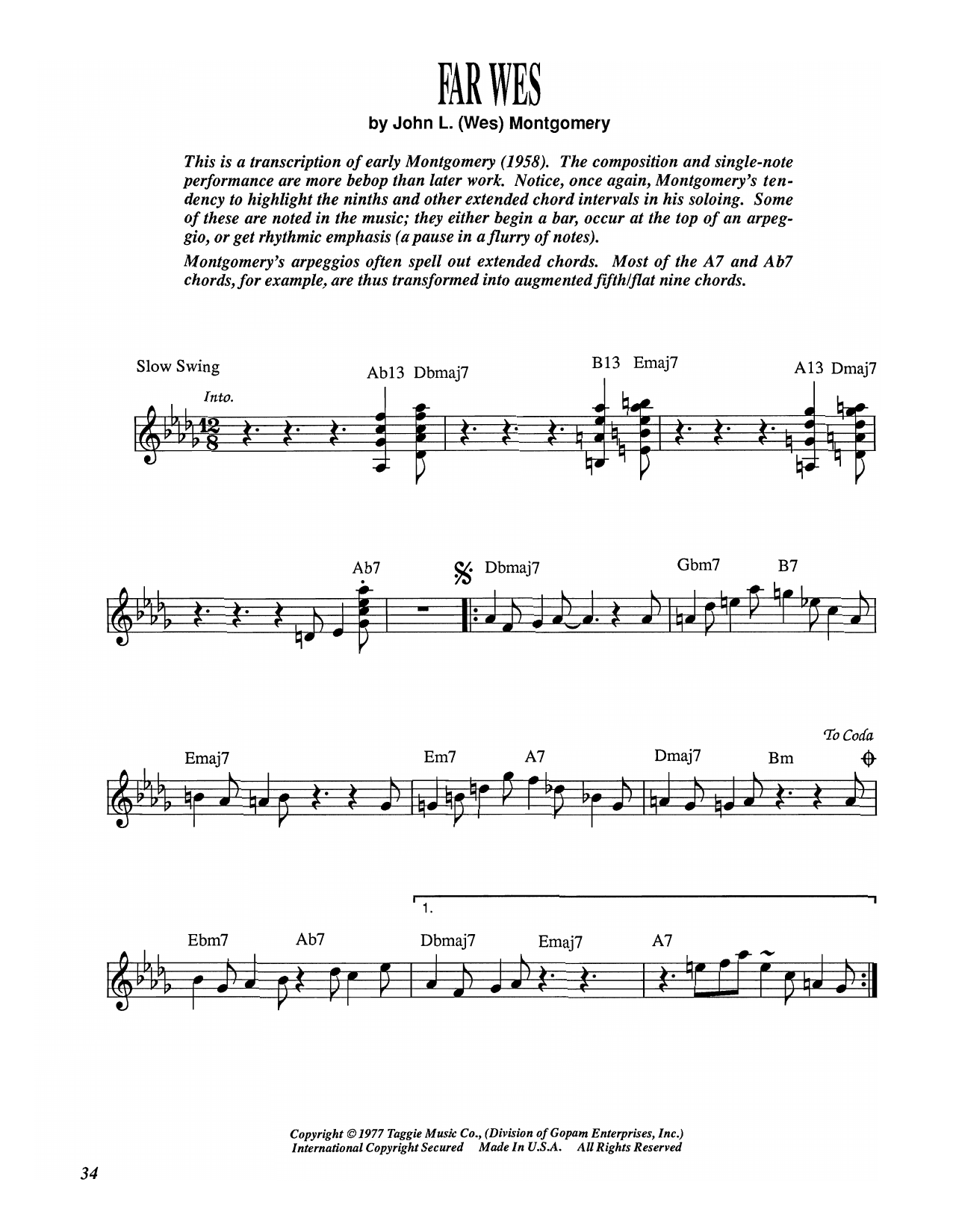 Download Wes Montgomery Far Wes Sheet Music and learn how to play Electric Guitar Transcription PDF digital score in minutes