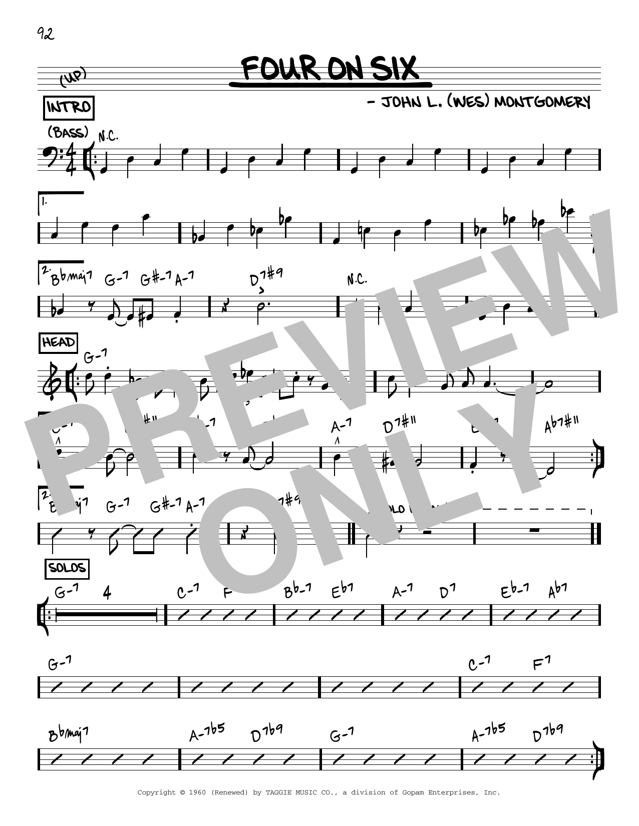 Download Wes Montgomery Four On Six Sheet Music and learn how to play Real Book - Melody & Chords - Bass Clef Instruments PDF digital score in minutes