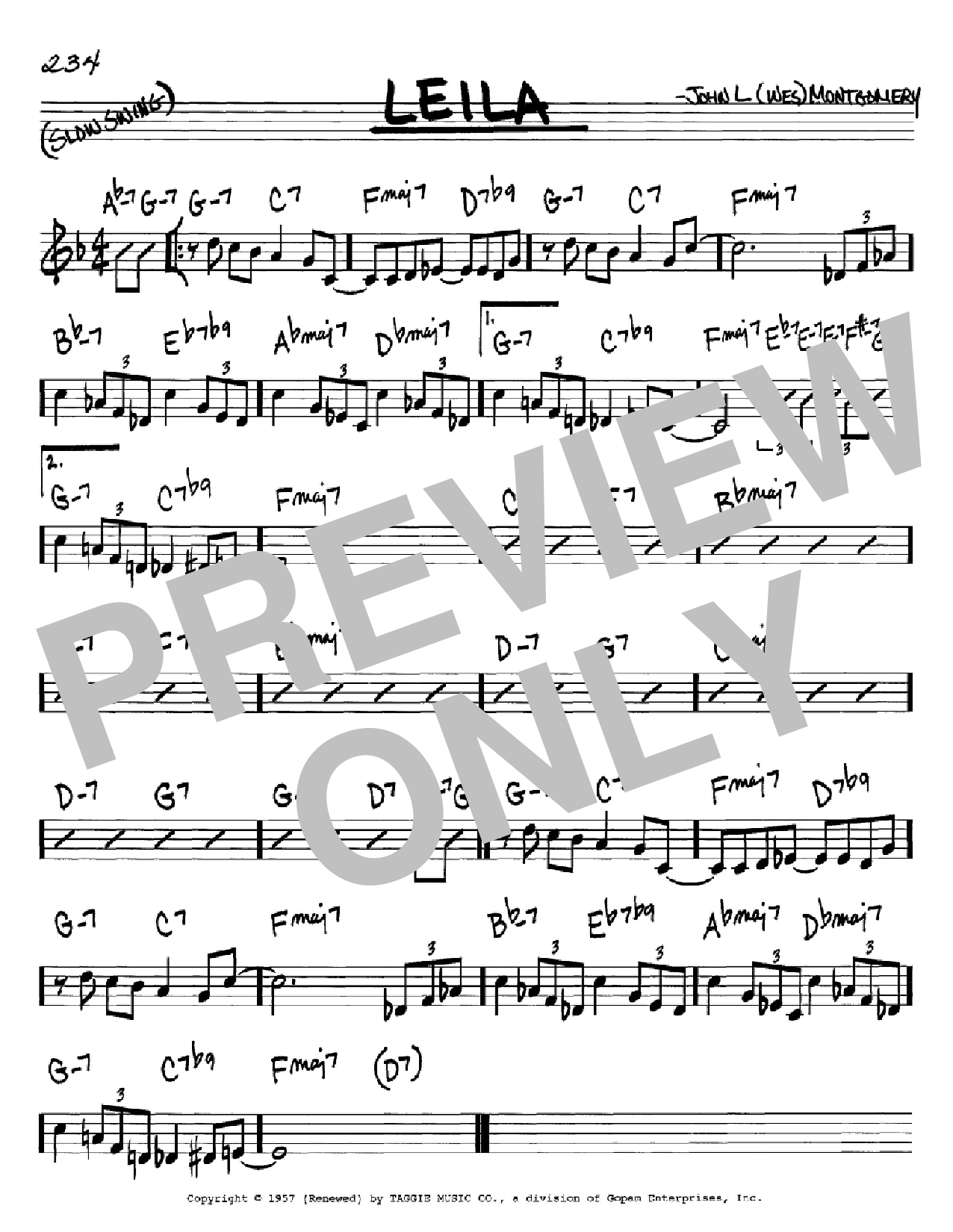Download Wes Montgomery Leila Sheet Music and learn how to play Real Book – Melody & Chords – C Instruments PDF digital score in minutes
