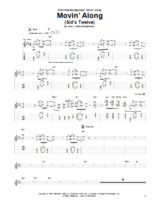Download Wes Montgomery Movin' Along (Sid's Twelve) Sheet Music and learn how to play Real Book – Melody & Chords – Eb Instruments PDF digital score in minutes