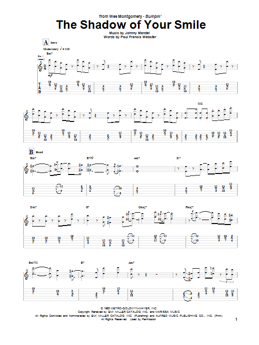 Download Wes Montgomery The Shadow Of Your Smile Sheet Music and learn how to play Guitar Tab PDF digital score in minutes