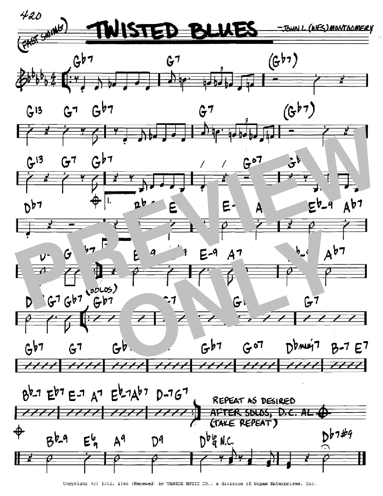 Download Wes Montgomery Twisted Blues Sheet Music and learn how to play Real Book - Melody & Chords - Bb Instruments PDF digital score in minutes