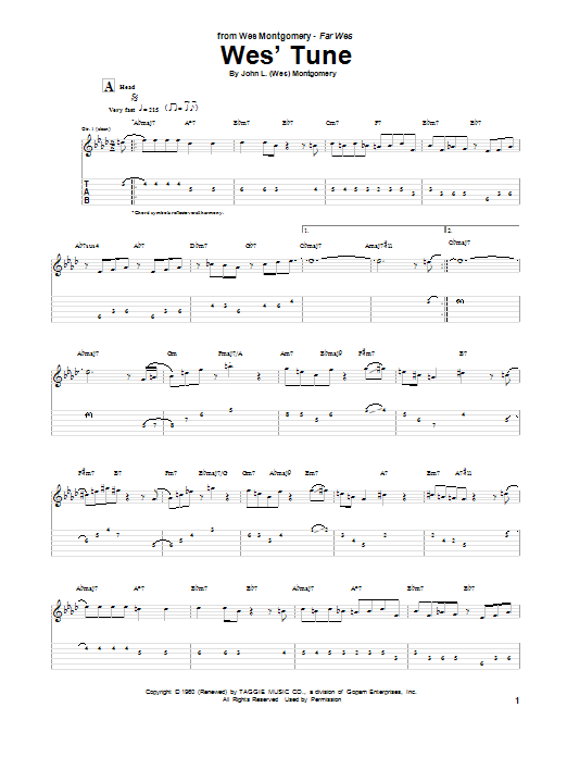 Download Wes Montgomery Wes' Tune Sheet Music and learn how to play Guitar Tab PDF digital score in minutes