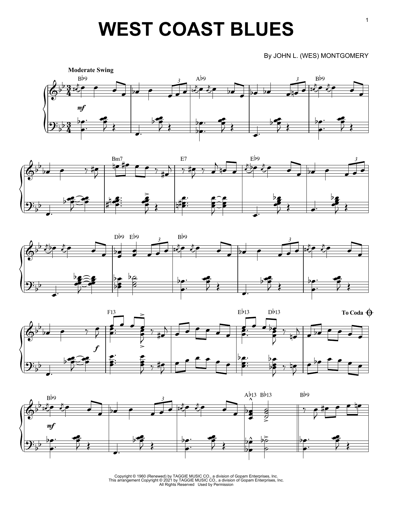 Download Wes Montgomery West Coast Blues [Jazz version] (arr. Brent Edstrom) Sheet Music and learn how to play Piano Solo PDF digital score in minutes