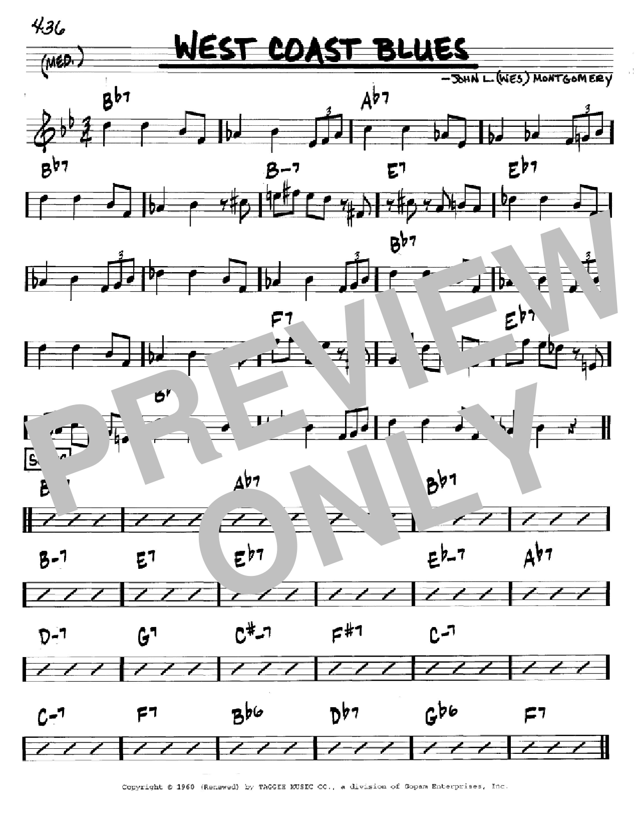 Download Wes Montgomery West Coast Blues Sheet Music and learn how to play Real Book – Melody & Chords – Bass Clef Instruments PDF digital score in minutes