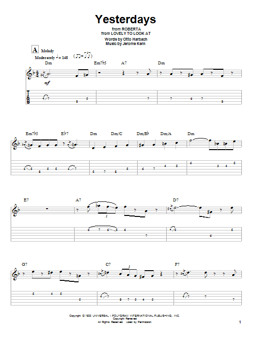 Download Wes Montgomery Yesterdays Sheet Music and learn how to play Guitar Tab (Single Guitar) PDF digital score in minutes