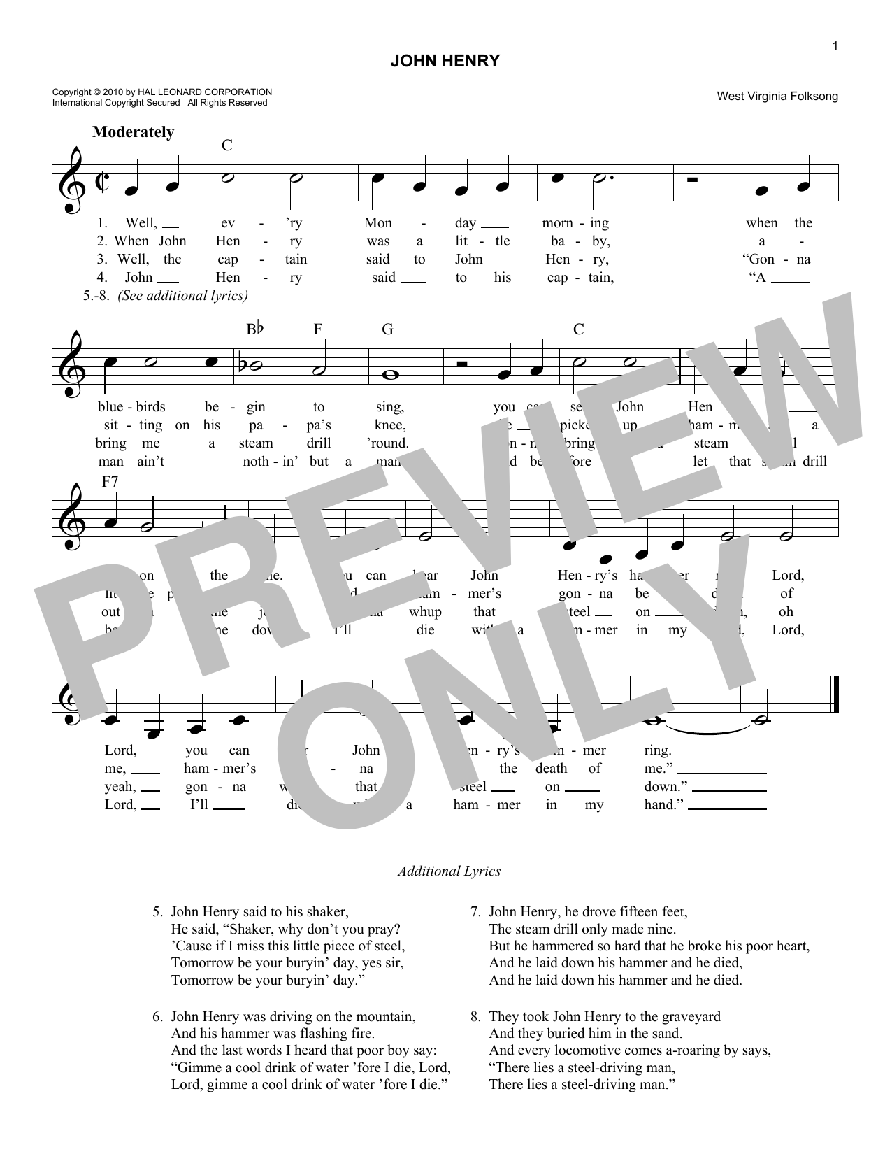 Download West Virginia Folksong John Henry Sheet Music and learn how to play Real Book – Melody, Lyrics & Chords PDF digital score in minutes