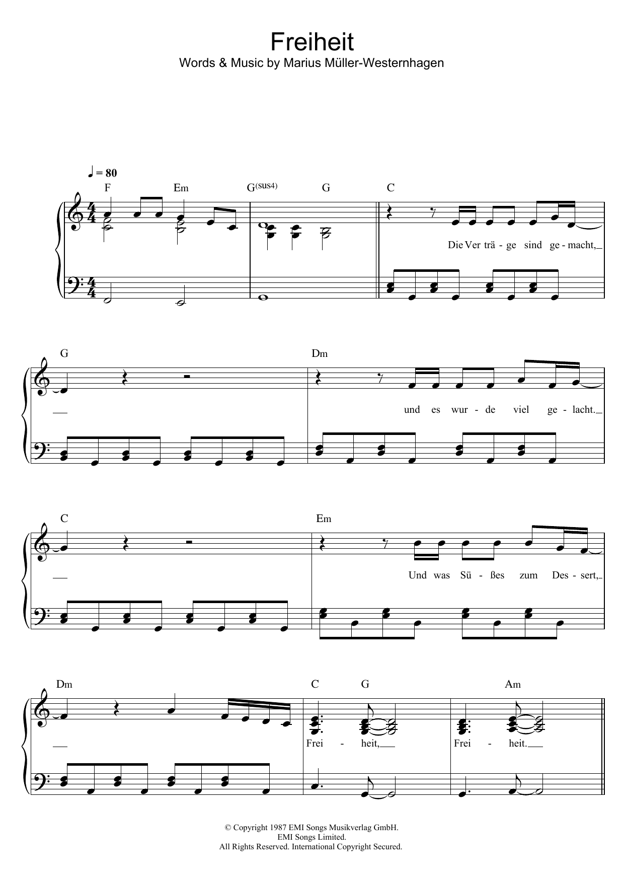 Download Marius Müller-Westernhagen Freiheit Sheet Music and learn how to play Piano & Vocal PDF digital score in minutes