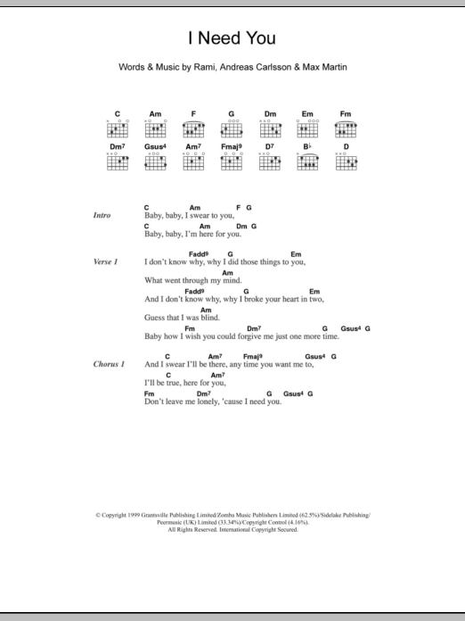 Download Westlife I Need You Sheet Music and learn how to play Lyrics & Chords PDF digital score in minutes