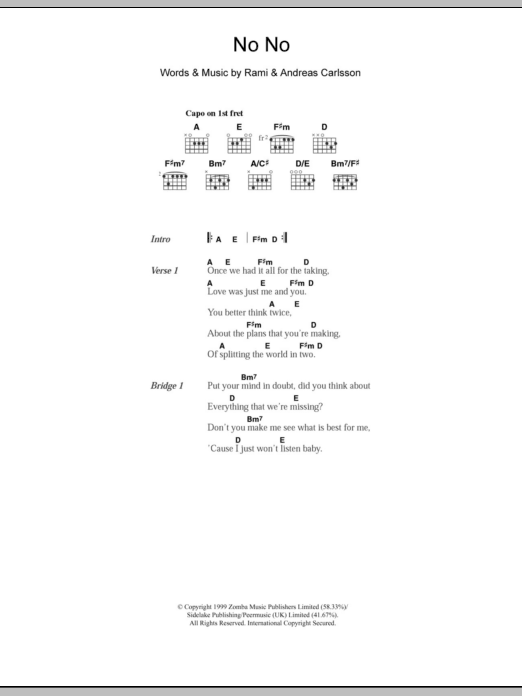 Download Westlife No No Sheet Music and learn how to play Lyrics & Chords PDF digital score in minutes