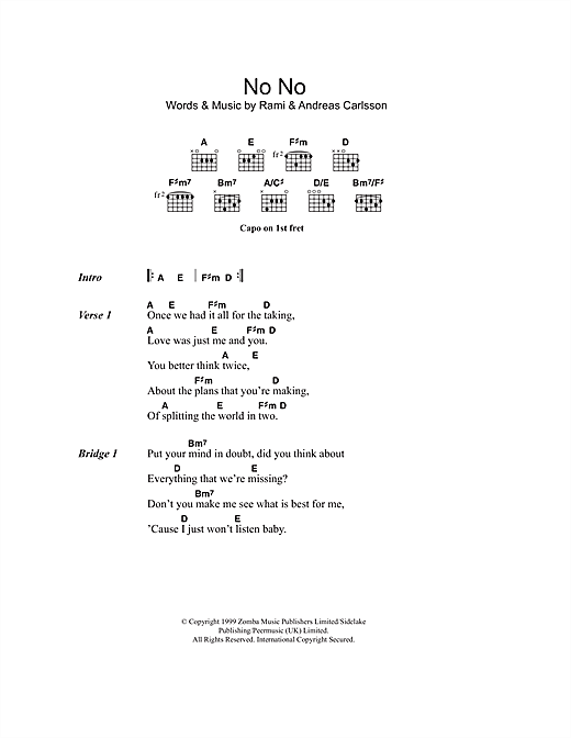 Download Westlife No No Sheet Music and learn how to play Lyrics & Chords PDF digital score in minutes