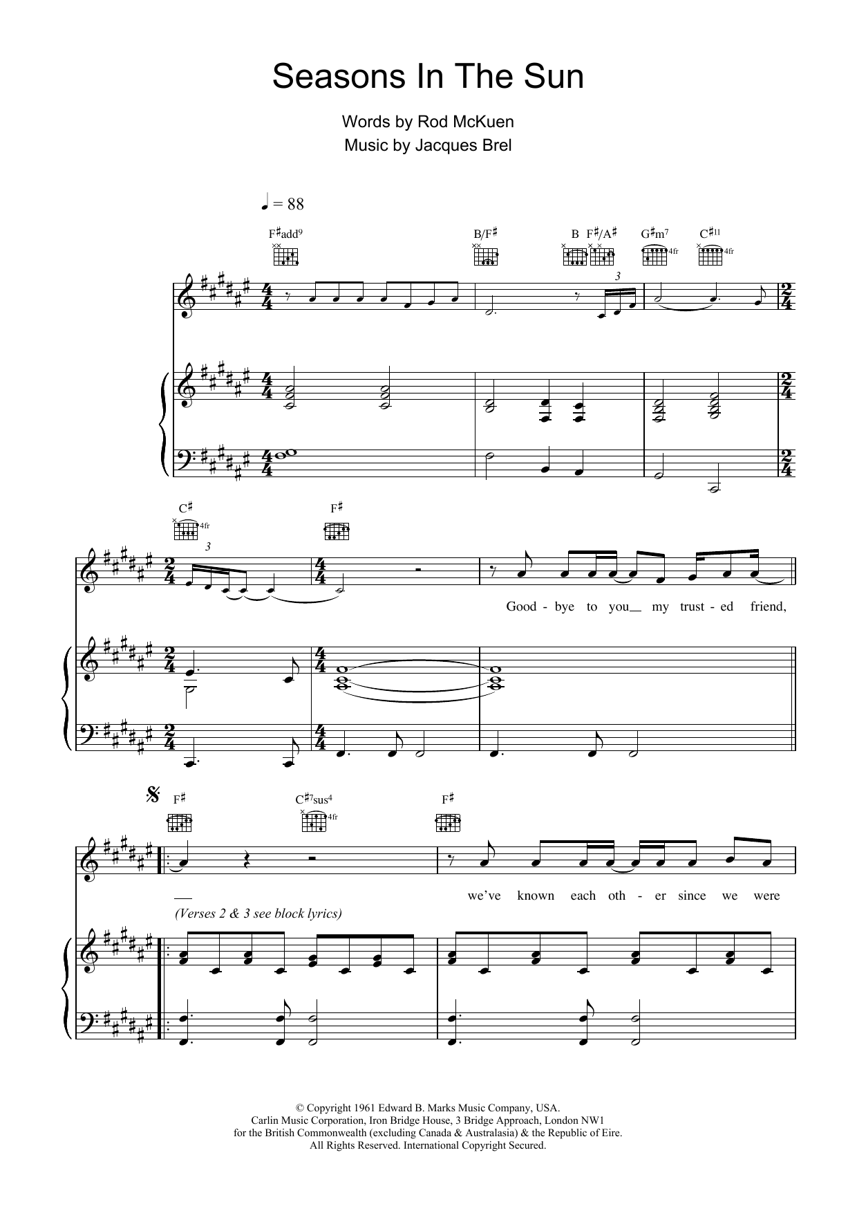 Download Westlife Seasons In The Sun Sheet Music and learn how to play Piano, Vocal & Guitar PDF digital score in minutes