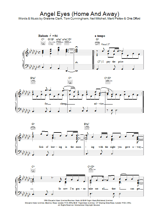 Download Wet Wet Wet Angel Eyes (Home And Away) Sheet Music and learn how to play Lyrics & Chords PDF digital score in minutes