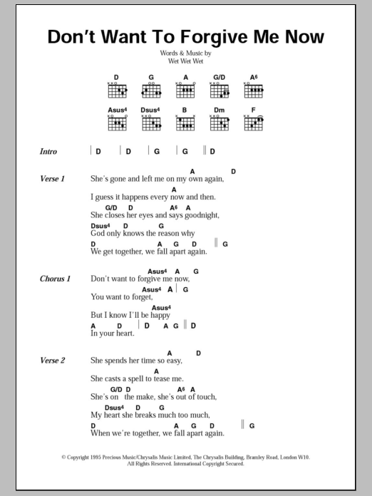 Download Wet Wet Wet Don't Want To Forgive Me Now Sheet Music and learn how to play Lyrics & Chords PDF digital score in minutes