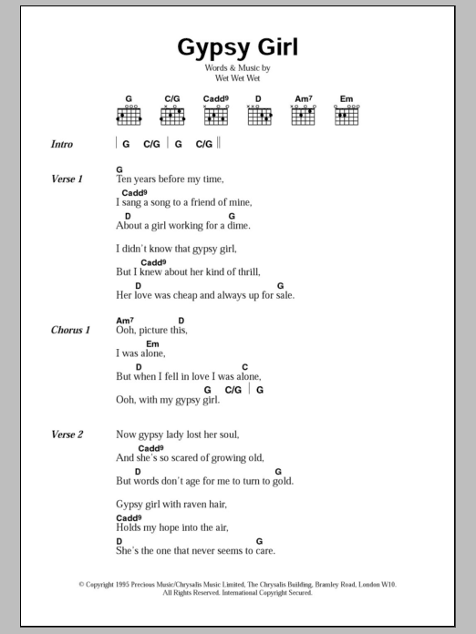 Download Wet Wet Wet Gypsy Girl Sheet Music and learn how to play Lyrics & Chords PDF digital score in minutes