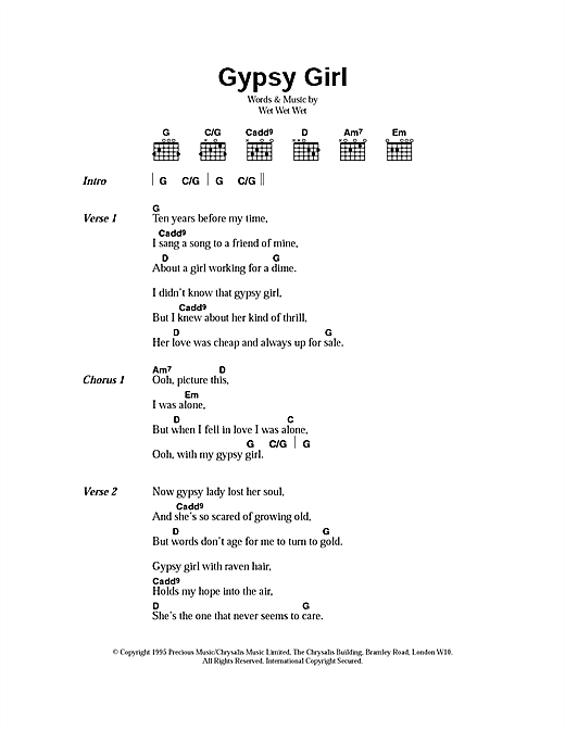 Download Wet Wet Wet Gypsy Girl Sheet Music and learn how to play Lyrics & Chords PDF digital score in minutes