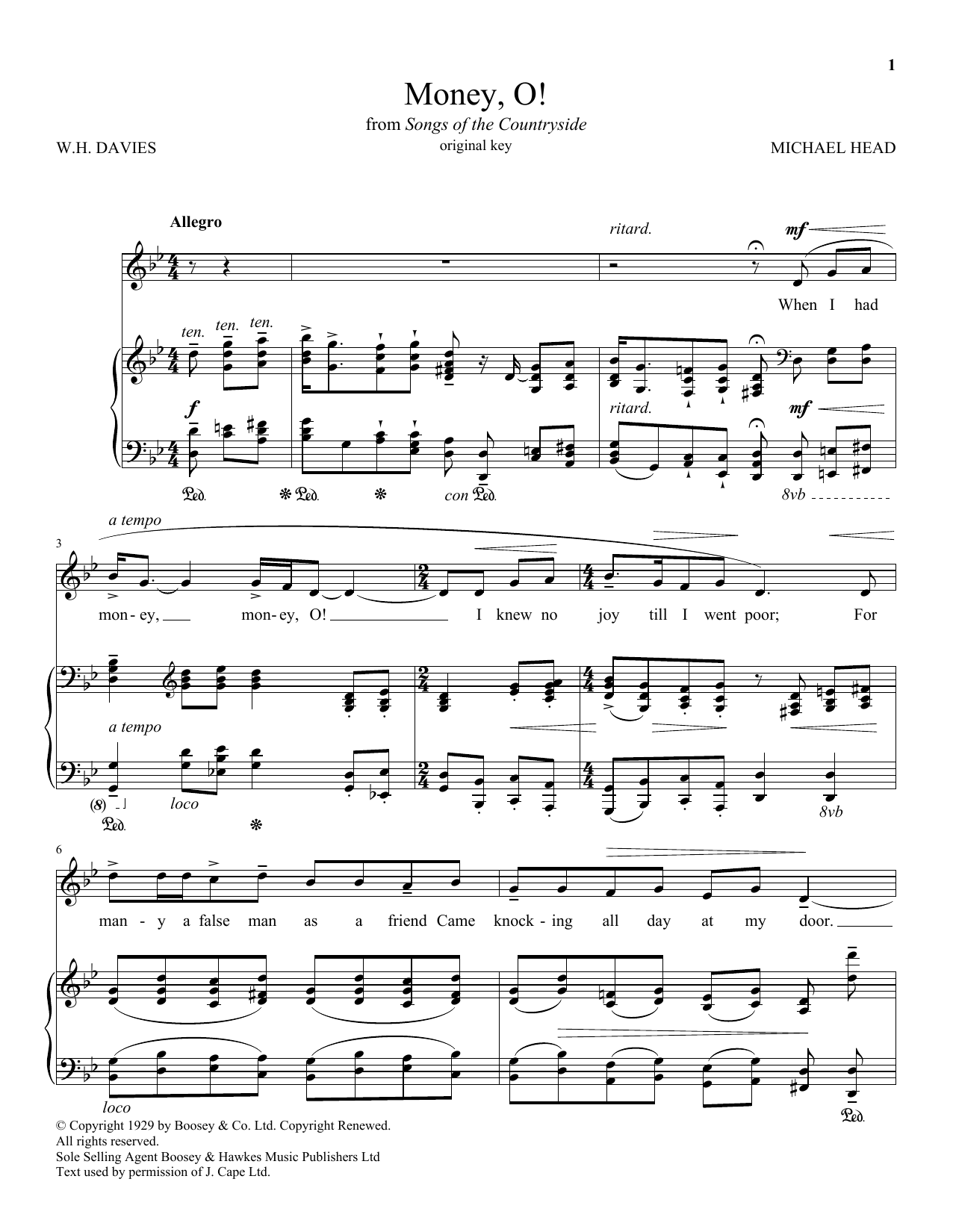 Download W.H. Davies Money, O! Sheet Music and learn how to play Piano & Vocal PDF digital score in minutes