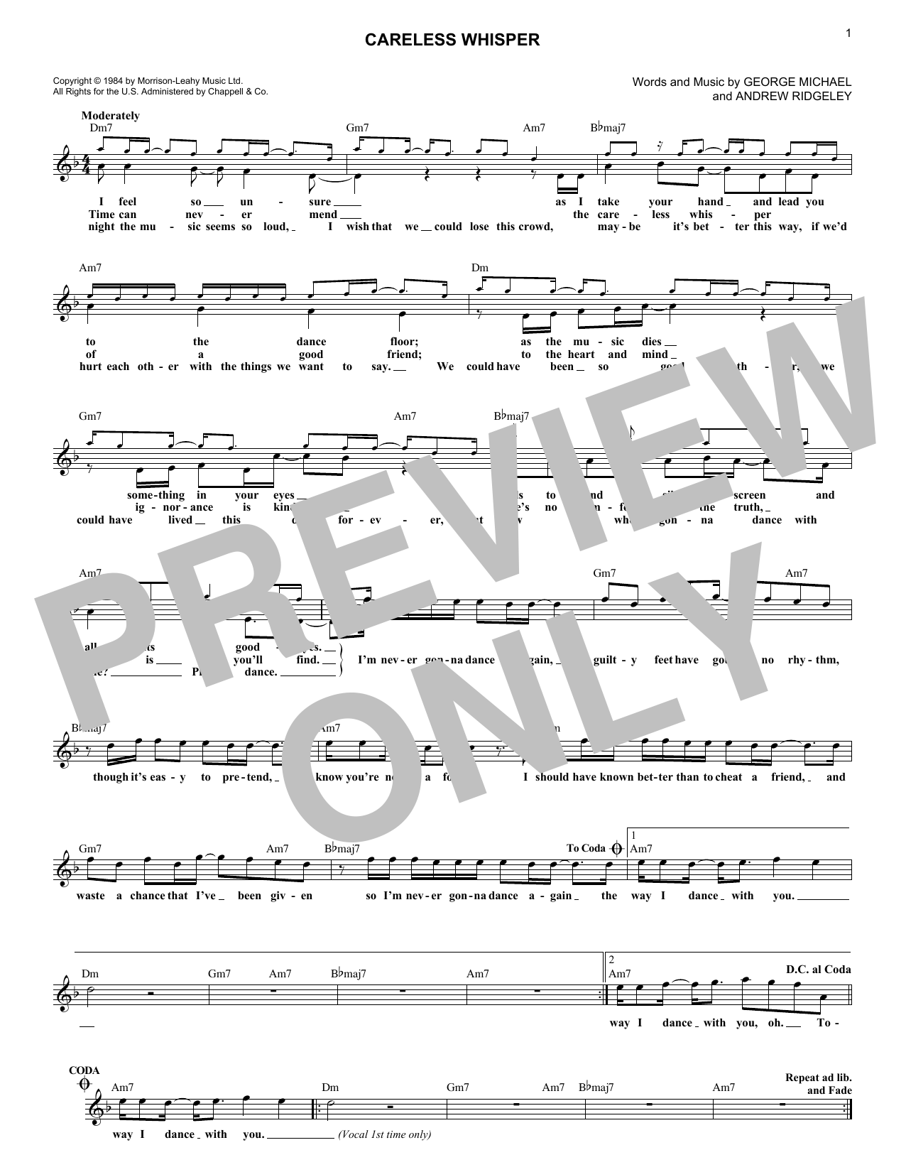Download George Michael Careless Whisper Sheet Music and learn how to play Melody Line, Lyrics & Chords PDF digital score in minutes