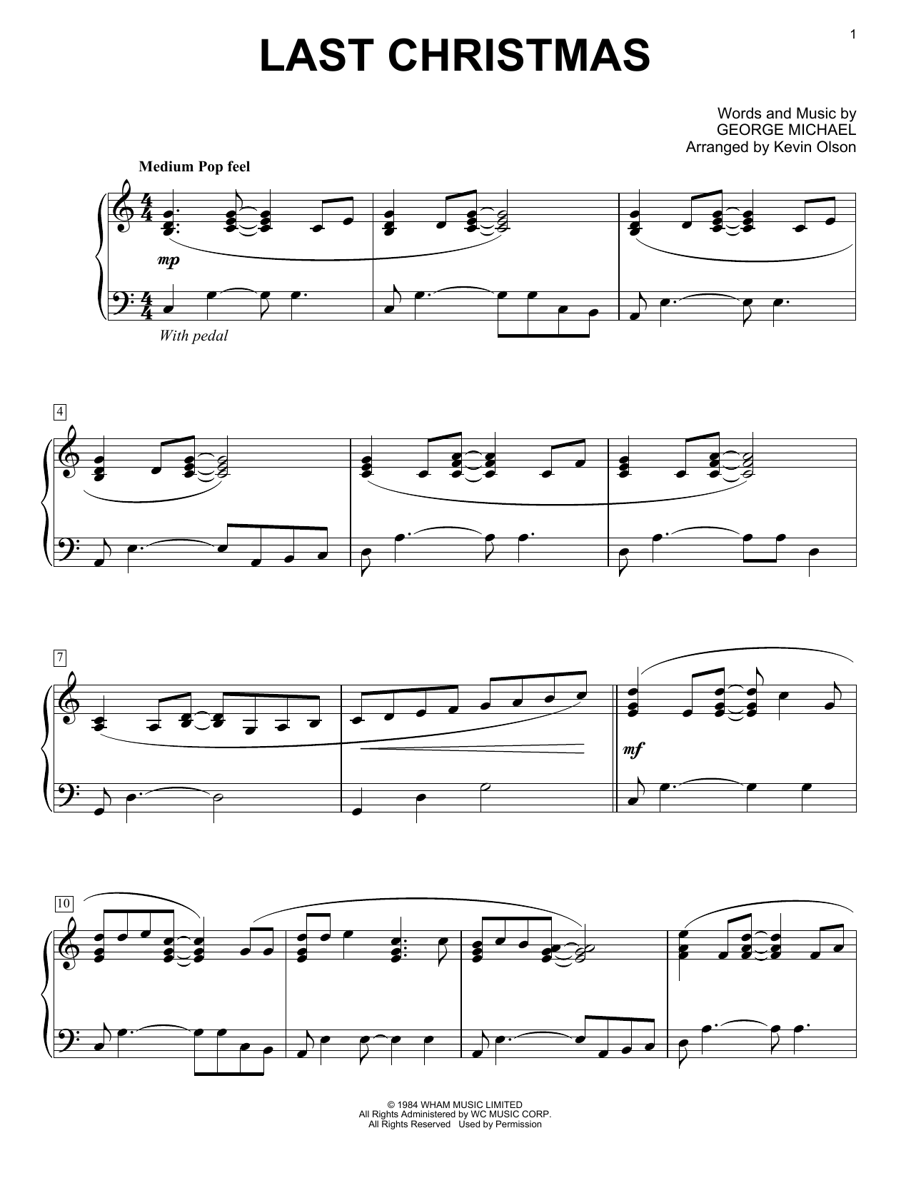 Download Wham! Last Christmas (arr. Kevin Olson) Sheet Music and learn how to play Easy Piano Solo PDF digital score in minutes