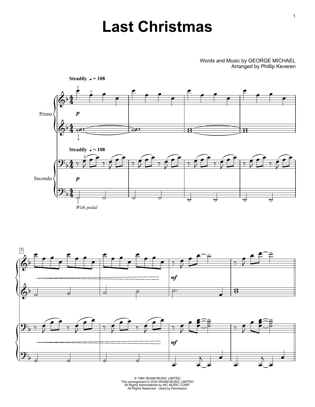 Download Wham! Last Christmas (arr. Phillip Keveren) Sheet Music and learn how to play Piano Duet PDF digital score in minutes