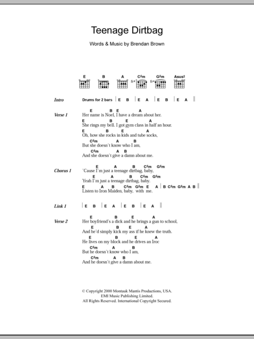 Download Wheatus Teenage Dirtbag Sheet Music and learn how to play Lyrics & Chords PDF digital score in minutes