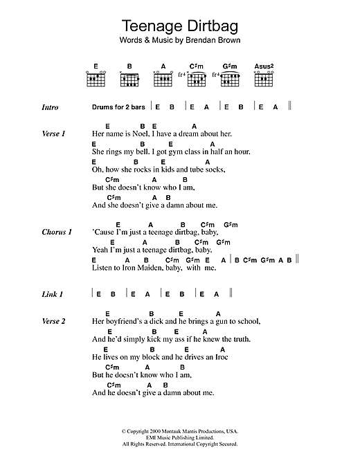 Download Wheatus Teenage Dirtbag Sheet Music and learn how to play Lyrics & Chords PDF digital score in minutes