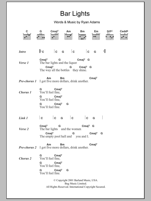 Download Whiskeytown Bar Lights Sheet Music and learn how to play Lyrics & Chords PDF digital score in minutes