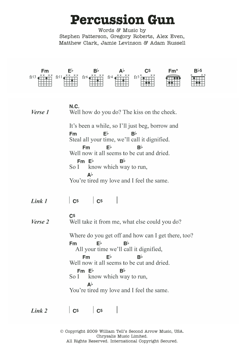 Download White Rabbits Percussion Gun Sheet Music and learn how to play Lyrics & Chords PDF digital score in minutes