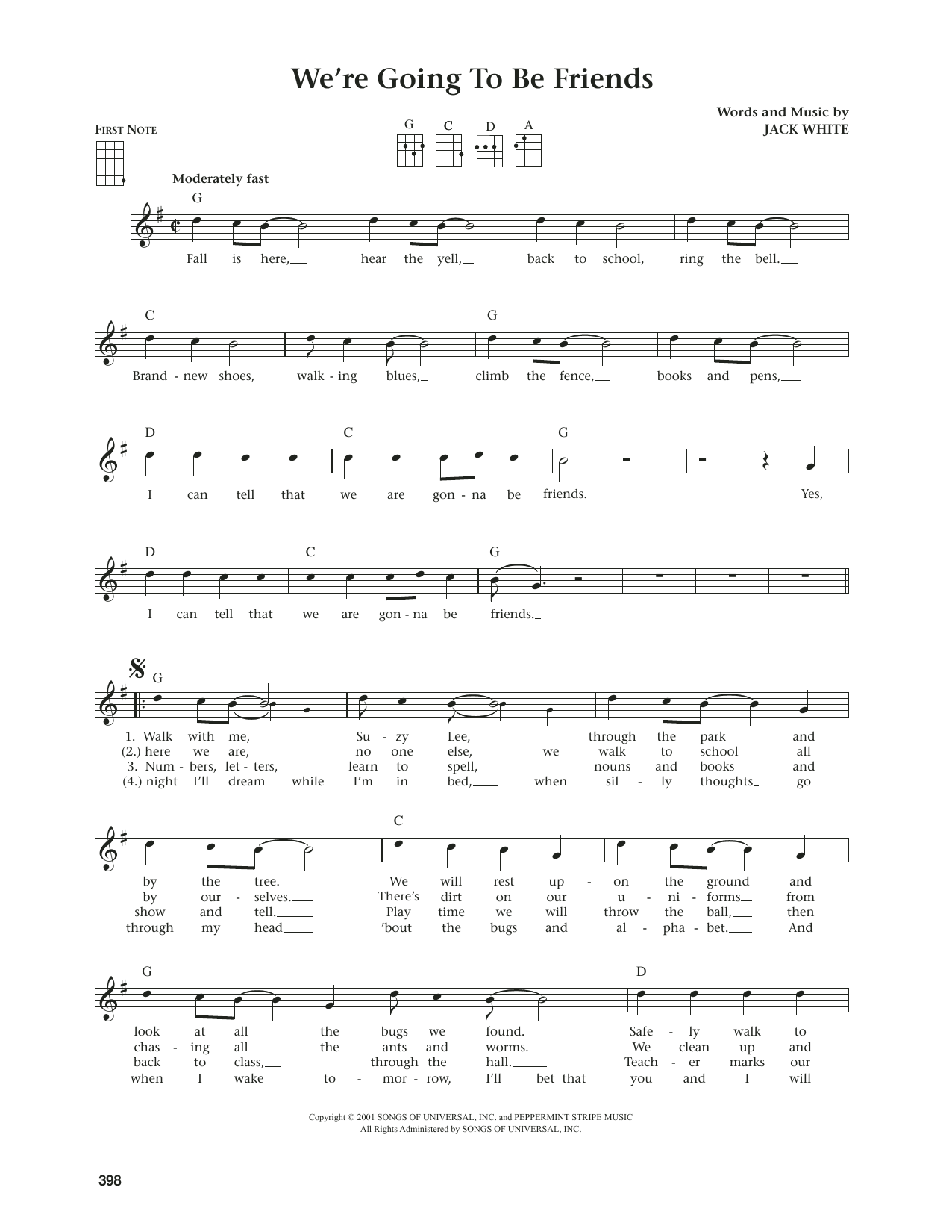 Download White Stripes We're Going To Be Friends (from The Daily Ukulele) (arr. Jim Beloff) Sheet Music and learn how to play Ukulele PDF digital score in minutes