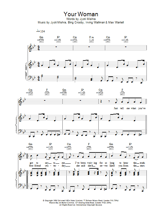 Download White Town Your Woman Sheet Music and learn how to play Lyrics & Chords PDF digital score in minutes