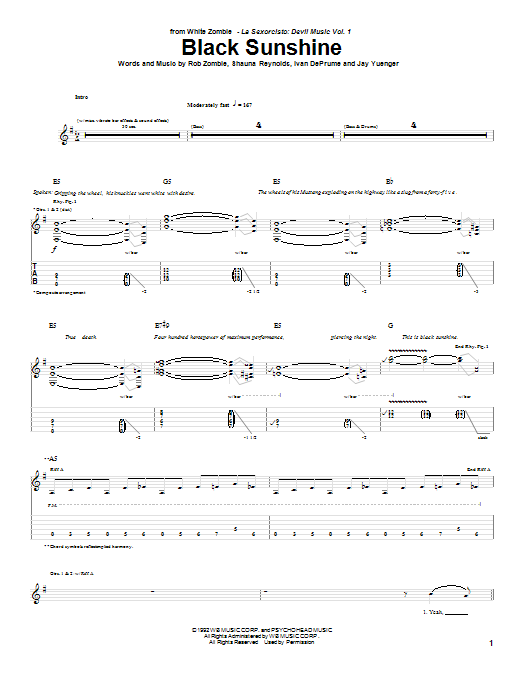 Download White Zombie Black Sunshine Sheet Music and learn how to play Guitar Tab PDF digital score in minutes