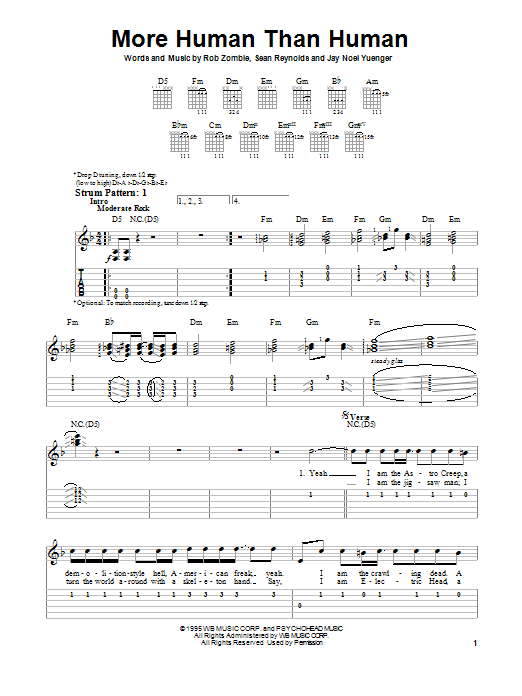 Download White Zombie More Human Than Human Sheet Music and learn how to play Easy Guitar Tab PDF digital score in minutes
