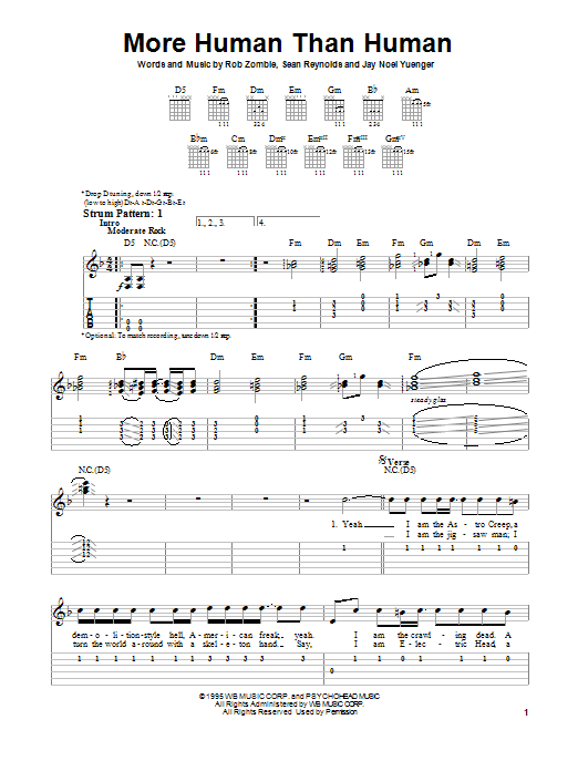 Download White Zombie More Human Than Human Sheet Music and learn how to play Piano, Vocal & Guitar (Right-Hand Melody) PDF digital score in minutes