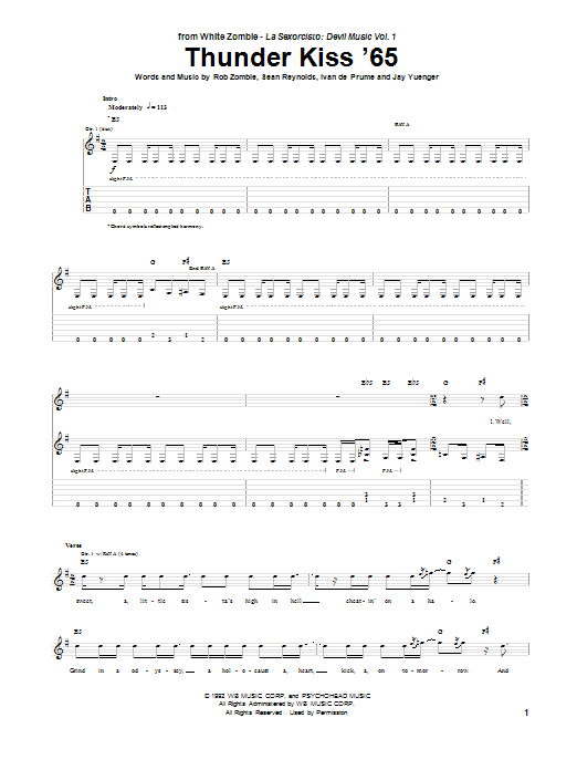 Download White Zombie Thunder Kiss '65 Sheet Music and learn how to play Guitar Tab PDF digital score in minutes